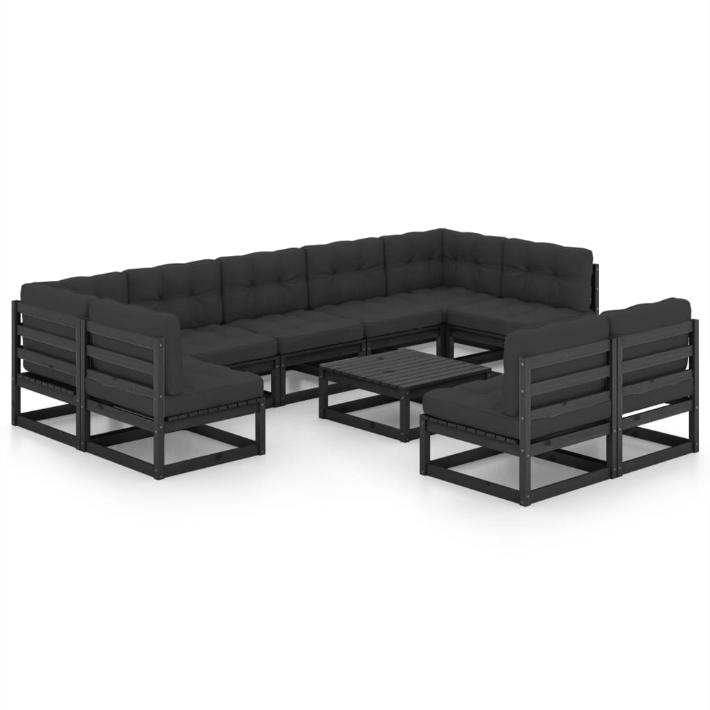 10-tlg. Garten-Lounge-Set mit Kissen Schwarz Kiefer Massivholz